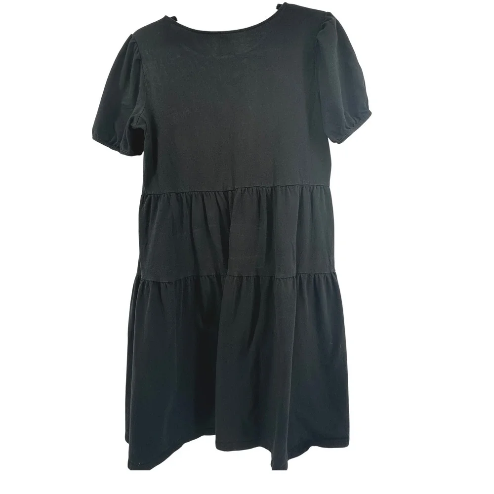 Uniqlo Tiered Mini Dress Womens L Black Beachy Boho Capsule Puff Sleeve